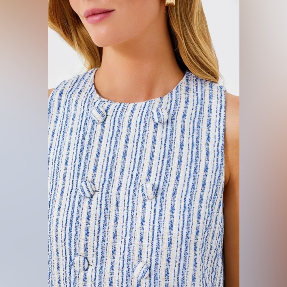 NWT Pomander Place Bianca Tweed Shift Dress Blue Cream Size S Tuckernuck - Picture 2 of 12